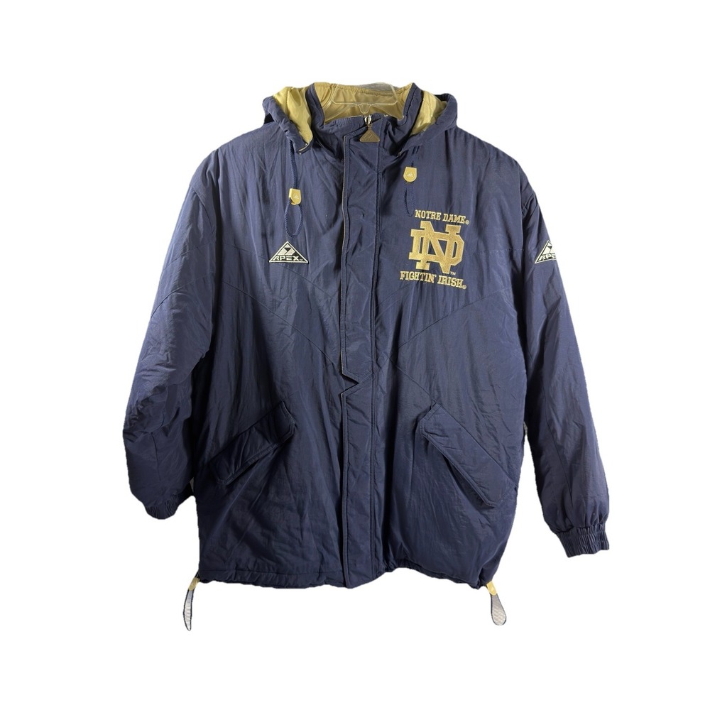 Vintage Apex One Notre Dame Fighting Irish Puffer Jacket Navy Blue Gold Mens XL